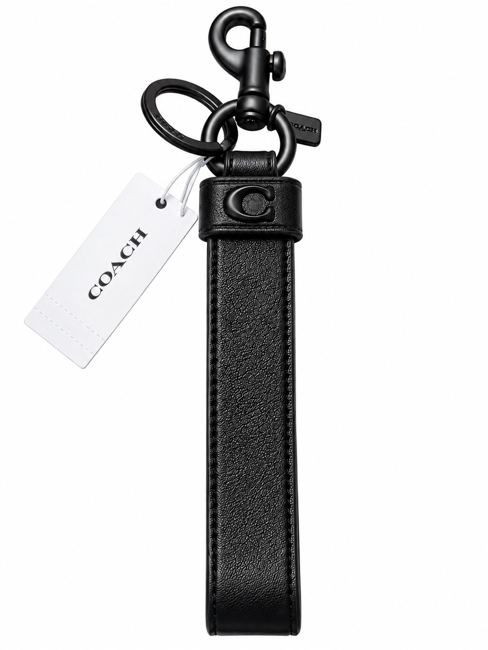 Coach Black Leather Strap Keyring with Signature 'C'